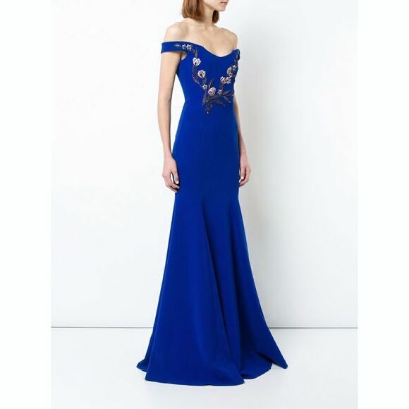 New! MARCHESA NOTTE Women's Embroidered Off-Shoulder Gown Dress Size 16 Royal - Picture 2 of 8